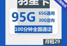【长期套餐】电信羽星卡29元包65G通用+30G定向+100分钟通话-胤祥通讯